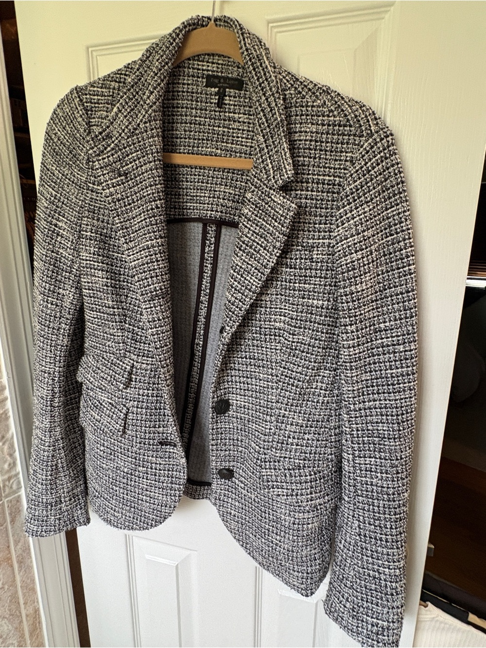 Rag & Bone Wool-Blend Herringbone Blazer Jacket in Black, White, and Blue